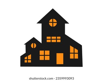 Hand drawn cute cartoon illustration little creepy house. Flat vector Halloween and Thanksgiving sticker. Haunted castle in doodle style. Spooky architecture icon. Isolated on white background.