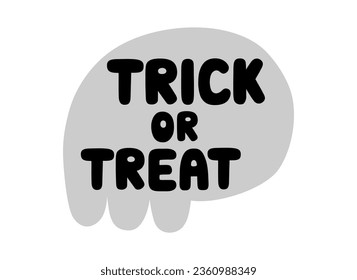 Hand drawn cute cartoon illustration of skull silhouette. Flat vector Halloween sticker. Dead head with inscription in doodle style. Trick or treat lettering phrase. Isolated on white background.
