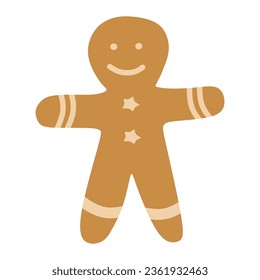 Hand drawn cute cartoon illustration of gingerbread cookie man. Flat vector Christmas ginger snap sticker in colored doodle style. New Year, Xmas character icon or print. Isolated on background.