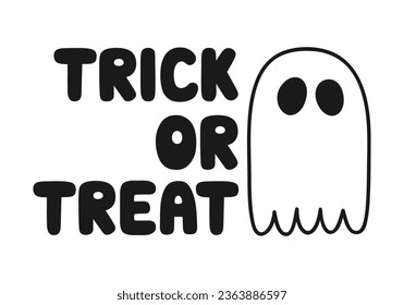 Hand drawn cute cartoon illustration of ghost. Flat vector Halloween sticker. Apparition character with inscription in doodle style. Trick or treat lettering phrase. Isolated on white background.