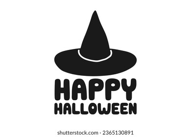 Hand drawn cute cartoon illustration of little witch hat. Flat vector Halloween sticker. Magic element with inscription in doodle style. Happy Halloween lettering phrase. Isolated on white background.