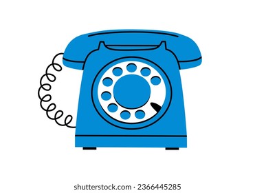 Handgezeichnete süße Cartoon-Illustration von blauem Retro-Kabeltelefon. Flaches Vektortelefon mit Wählaufkleber im einfachen, farbigen Doodle-Stil. Rufen Sie das Gerätesymbol oder drucken Sie es aus. Einzeln auf weißem Hintergrund.