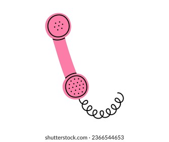 Hand drawn cute cartoon illustration of pink retro phone handset. Flat vector old telephone with dial sticker in simple colored doodle style. Call device icon or print. Isolated on white background.