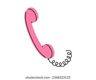 Hand drawn cute cartoon illustration of pink retro phone handset. Flat vector old telephone with dial sticker in simple colored doodle style. Call device icon or print. Isolated on white background.