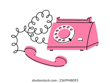 Hand drawn cute cartoon illustration of pink retro wired phone. Flat vector old telephone sticker in simple colored doodle style. Make a call. Pick up the phone icon or print. Isolated on white.