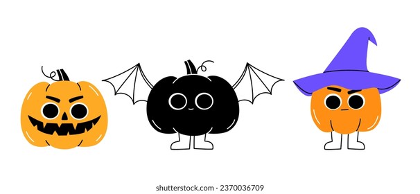 Hand drawn cute cartoon illustration pumpkin with evil face, bat wings, in sorcerer costume. Flat vector set Halloween sticker. Characters collection in doodle style. Autumn harvest mascot. Isolated.