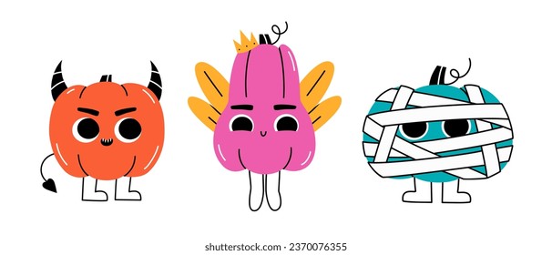 Hand drawn cute cartoon illustration pumpkin in devil, mummy and fairy costume. Flat vector Halloween sticker. Characters set in doodle style. Autumn harvest mascot collection. Isolated on white.