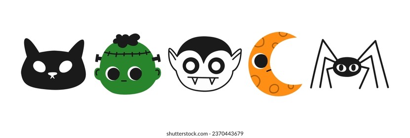 Hand drawn cute cartoon illustration zombie, spider, vampire, moon, cat head. Flat vector Halloween and Thanksgiving sticker collection. Characters set in doodle style. Autumn scary mascot. Isolated.