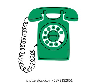 Hand drawn cute cartoon illustration of green wall wired phone. Flat vector old telephone, landline sticker in simple colored doodle style. Call device icon or print. Isolated on white background.