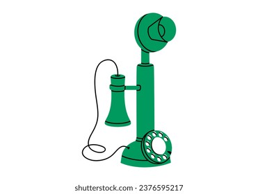 Hand dibujó una tierna ilustración de una antigua línea telefónica fija por cable. Teléfono vectorial plano de candelabro antiguo con pegatina de marcado rotatorio, estilo doodle de color. Icono de dispositivo de llamada de época. Aislado en blanco.