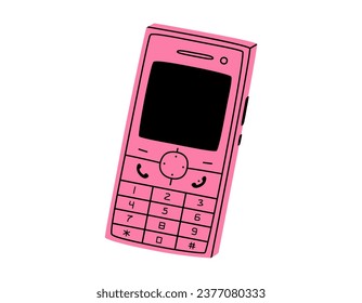 Hand dibujó una tierna ilustración de dibujos animados de teléfonos celulares retro. Teléfono móvil antiguo vector plano con pegatinas de botones en estilo doodle de color. Llamar al icono del dispositivo o imprimir. Aislado sobre fondo blanco.