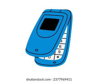 Hand drawn cute cartoon illustration of retro cell flip mobile phone. Flat vector old mobile telephone with buttons sticker in colored doodle style. Call device icon or print. Isolated on background.