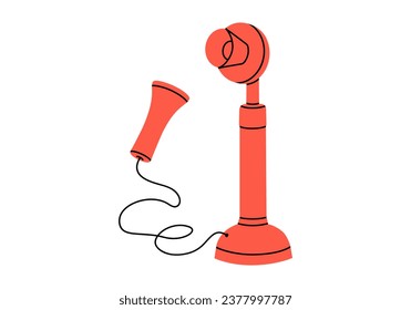 Hand dibujó una tierna ilustración de una antigua línea telefónica fija por cable. Pegatina de teléfono de candelabro antiguo vector plano en un estilo de doodle de color sencillo. Icono de dispositivo de llamada de época o impresión. Aislado sobre blanco