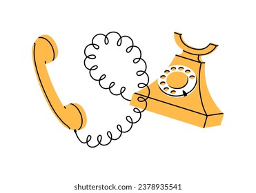 Hand dibujó una tierna caricatura ilustrativa de un teléfono retro con cable. El viejo teléfono vectorial plano acepta la etiqueta adhesiva de llamada en un estilo de doodle de colores. Línea directa. Llama. Recoge el icono del teléfono o imprime. Aislado.