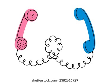 Hand drawn cute cartoon illustration of two retro phone handsets connected by wire. Flat vector old telephone receiver sticker in colored doodle style. Communication, dialogue icon or print. Isolated.