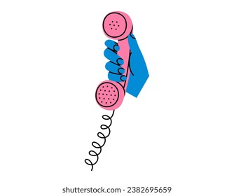 Hand drawn cute cartoon illustration of hand with retro telephone receiver. Flat vector old phone handset sticker in simple colored doodle style. Making a call icon or print. Isolated.