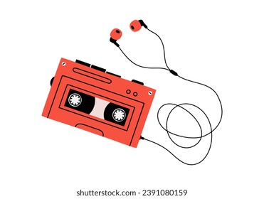 Hand drawn cute cartoon illustration of retro cassette player. Flat vector old audio equipment with in-ear headphones sticker in colored doodle style. Vintage device for listening music icon. Isolated