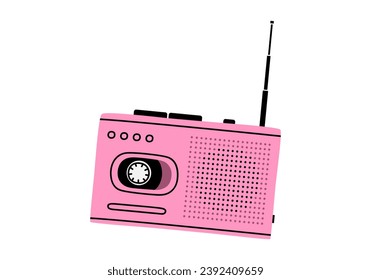 Hand drawn cute cartoon illustration of retro cassette player. Flat vector old audio equipment sticker in colored doodle style. Vintage device for listening music or radio with antenna icon. Isolated.