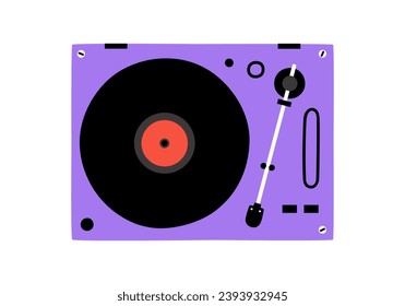 Hand drawn cute cartoon illustration of retro vinyl record player top view. Flat vector old audio equipment with plate sticker in colored doodle style. Vintage device for listening music. Isolated.