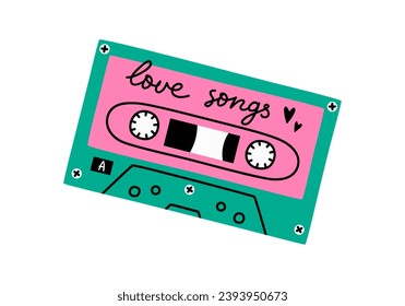 Hand dibujó una tira cómica ilustración de cassette de música retro. Pegatina de cinta de audio antigua de vector plano en estilo doodle. Icono de dispositivo de grabación de sonido o impresión. Día de San Valentín. Canciones de amor con letras. Aislado.