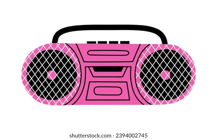 Hand drawn cute cartoon illustration of retro cassette player. Flat vector old audio equipment, boombox sticker in colored doodle style. Vintage device for listening music or radio icon. Isolated.