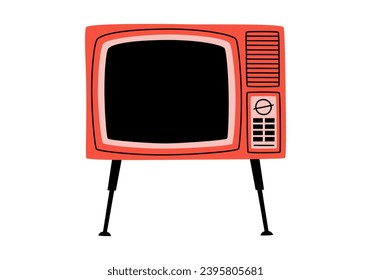 Dibujo manual de tiras cómicas de la televisión retro. Pegatina plana vectorial vieja de TV en estilo doodle de color. Dispositivo de difusión vintage para ver noticias o películas, iconos o stickers. Aislado.