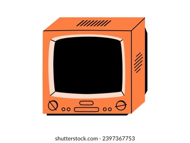 Hand drawn cute cartoon illustration of retro television. Flat vector old TV sticker in colored doodle style. Vintage broadcasting device for watching news or movies with antenna icon. Isolated.