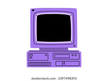 Hand drawn cute cartoon illustration of retro computer. Flat vector old pc sticker in colored doodle style. Vintage office or programmer device icon or print. Information technology. Isolated.