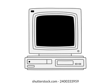 Hand drawn cute cartoon illustration of retro computer. Flat vector old pc sticker in colored doodle style. Vintage office or programmer device icon or print. Information technology. Isolated.