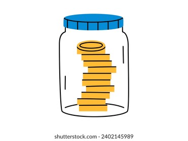 Dibujo manual de tiras cómicas ilustraciones de un tarro de contorno con monedas. Caja de dinero con vector plano para ahorrar pegatinas en forma de doodle. Alfabetización financiera o icono de depósito bancario o impresión. Cuchillo financiero. Aislado.