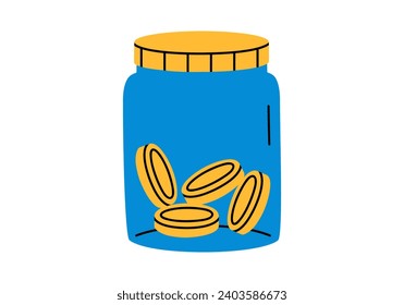 Hand drawn cute cartoon illustration of jar with coins. Flat vector moneybox for savings sticker in doodle style. Financial literacy or bank deposit icon. Financial cushion. Donation box. Isolated.