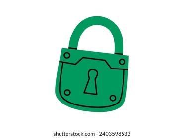 Hand drawn cute cartoon illustration of closed lock. Flat vector protection tool sticker in doodle style. Financial literacy or safety icon. Reliability and trust in banking. Security system. Isolated