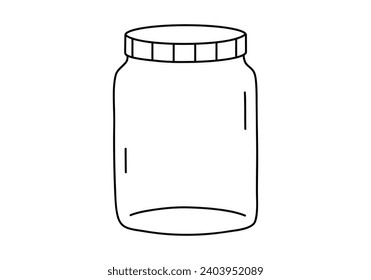 Hand drawn cute cartoon illustration of outline empty jar. Flat vector glass container with lid sticker in line art doodle style. Kitchen storage glassware icon or print. Isolated on white background.