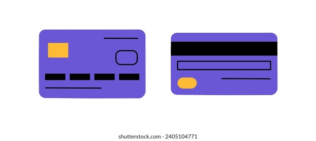 Hand drawn cute cartoon illustration of credit card on both sides. Flat vector money E-wallet sticker in colored doodle style. Shopping or payment icon or print. Online payment method. Isolated.