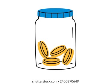 Hand drawn cute cartoon illustration of outline jar with coins. Flat vector moneybox for savings sticker in doodle style. Financial literacy or bank deposit icon or print. Financial cushion. Isolated.