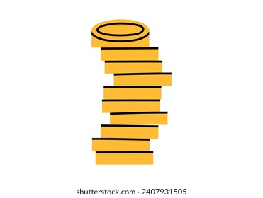 Hand drawn cute cartoon illustration of stack of coins. Flat vector money pile sticker in doodle style. Financial literacy or bank deposit icon or print. Investment or savings. Isolated.