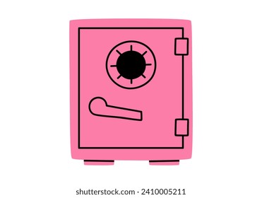 Hand drawn cute cartoon illustration of closed safe. Flat vector strongbox sticker in doodle style. Financial literacy or safety icon. Reliability and trust in banking. Security system. Isolated