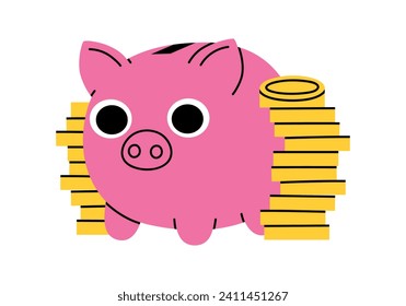 Dibujó la mano una tira cómica ilustración de un banco de cerdos con pilas de monedas. Caja de dinero con vector plano para ahorrar pegatinas en forma de doodle de color. Icono de inversión o depósito bancario. Cuchillo financiero. Aislado.