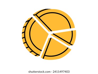 Hand drawn cute cartoon illustration of pie chart in form of coin. Flat vector money expense diagram sticker in doodle style. Budget planning icon or print. Successful investments or savings. Isolated