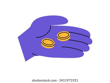 Hand drawn cute cartoon illustration of hand with coins. Flat vector accumulate savings sticker in colored doodle style. Beg for money or poverty icon. Financial crisis or bankruptcy. Isolated.