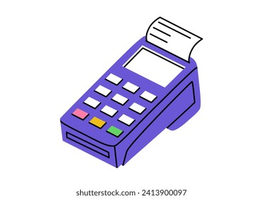 Hand drawn cute cartoon illustration POS terminal print sales receipt. Flat vector money transaction device sticker in colored doodle style. Store invoice or payment icon or print. Bank bill. Isolated