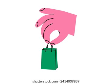 Hand drawn cute cartoon illustration of hand with shopping bag. Flat vector shopping in store sticker in colored doodle style. Buying on sale icon or print. Delivery service or online order. Isolated.