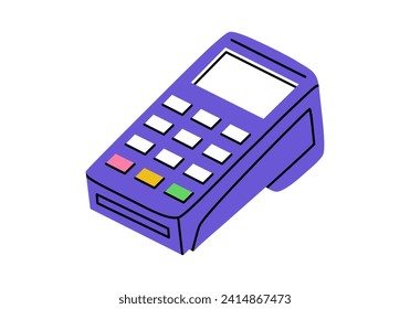 Dibujo manual de la linda ilustración de dibujos animados terminal POS. Pegatina de dispositivo de transacción de dinero vectorial plano en estilo doodle de color. Icono de compra o pago o impresión. Pago por tarjeta. Operación bancaria. Aislado.