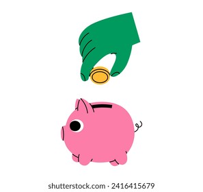 Dibujando la mano una tierna ilustración de la mano pone la moneda en el banco de cerdos. Caja de dinero con vector plano para ahorrar pegatinas en forma de doodle. Icono de depósito bancario o amortiguador financiero. Inversión. Aislado.