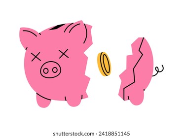 Hand drawn cute cartoon illustration of broken piggy bank with coin. Flat vector cracked moneybox for savings sticker in colored doodle style. Financial problem or bank credit icon. Isolated.