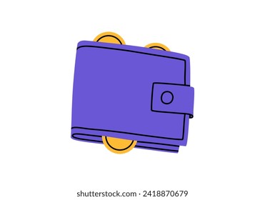 Hand drawn cute cartoon illustration of closed wallet with coins inside. Flat vector money currency sticker in colored doodle style. Shopping or payment icon or print. Online payment. Isolated.