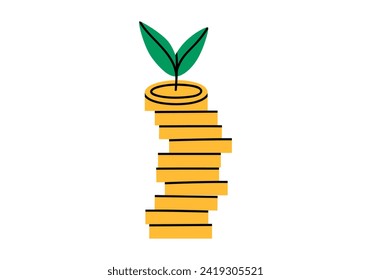 Hand drawn cute cartoon illustration of stack of coins and sprout with green leaves. Flat vector money tree sticker in doodle style. Financial growth or profit icon or print. Investment. Isolated.