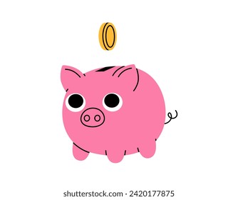 Hand drawn cute cartoon illustration of coin falls inside piggy bank. Flat vector moneybox for savings sticker in doodle style. Bank deposit or financial cushion icon. Investment. Isolated.