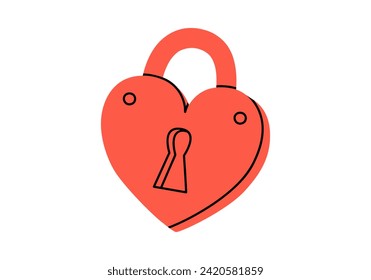 Hand drawn cute cartoon illustration of closed lock in heart shape. Flat vector abandonment of the relationship, loneliness sticker in doodle style. Valentine's Day icon. Wedding vow. Isolated