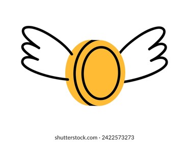 Hand drawn cute cartoon illustration of coin with outline wings. Flat vector flying money sticker in doodle style. Spend money, shopping, financial crisis icon or print. Isolated on white background.